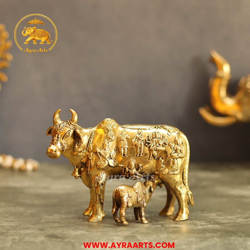 Premium Brass Cow And Calf  Kamdhenu - 5 Inch Length