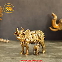 Premium Brass Cow And Calf  Kamdhenu - 5 Inch Length