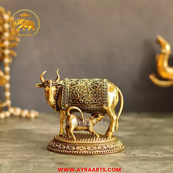 Premium Brass Cow And Calf Kamdhenu - 4 Inch Height
