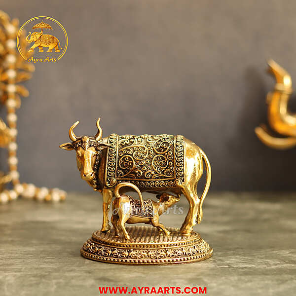 Premium Brass Cow And Calf  Kamdhenu - 4 Inch Height