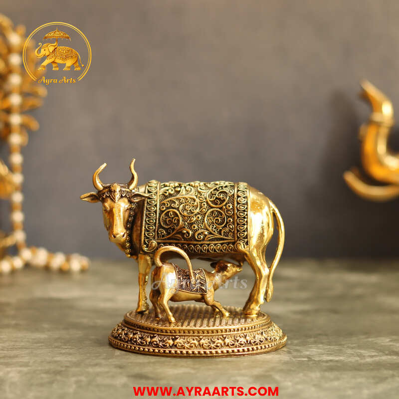 Premium Brass Cow And Calf  Kamdhenu - 4 Inch Height