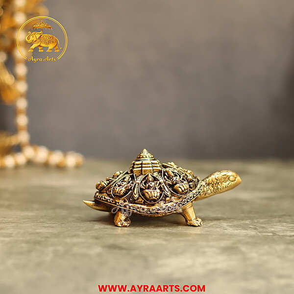 Premium Brass Ashtalakshmi And Sri Yantra Engraved Tortoise - 4 Inch Length