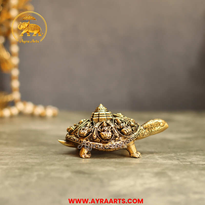 Premium Brass Ashtalakshmi And Sri Yantra Engraved Tortoise - 4 Inch Length