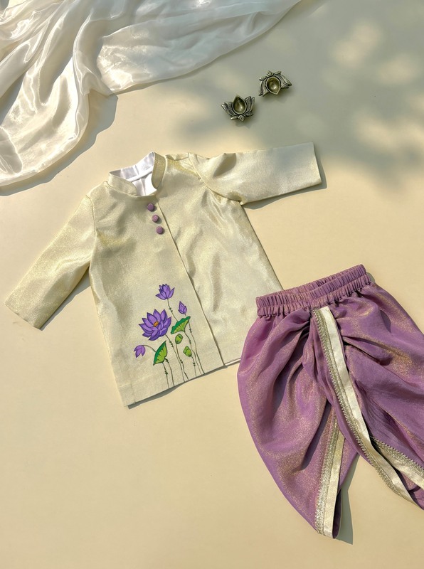 Purply Ivory Lotus Handpainted Dhoti Silk Set