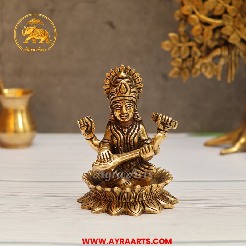 Brass Saraswati Idol Pooja Room Decor & Good Luck Gift - 4.5 Inch Height