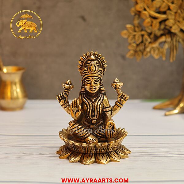 Brass Lakshmi Idol Pooja Room Decor & Good Luck Gift - 4.5 Inch Height