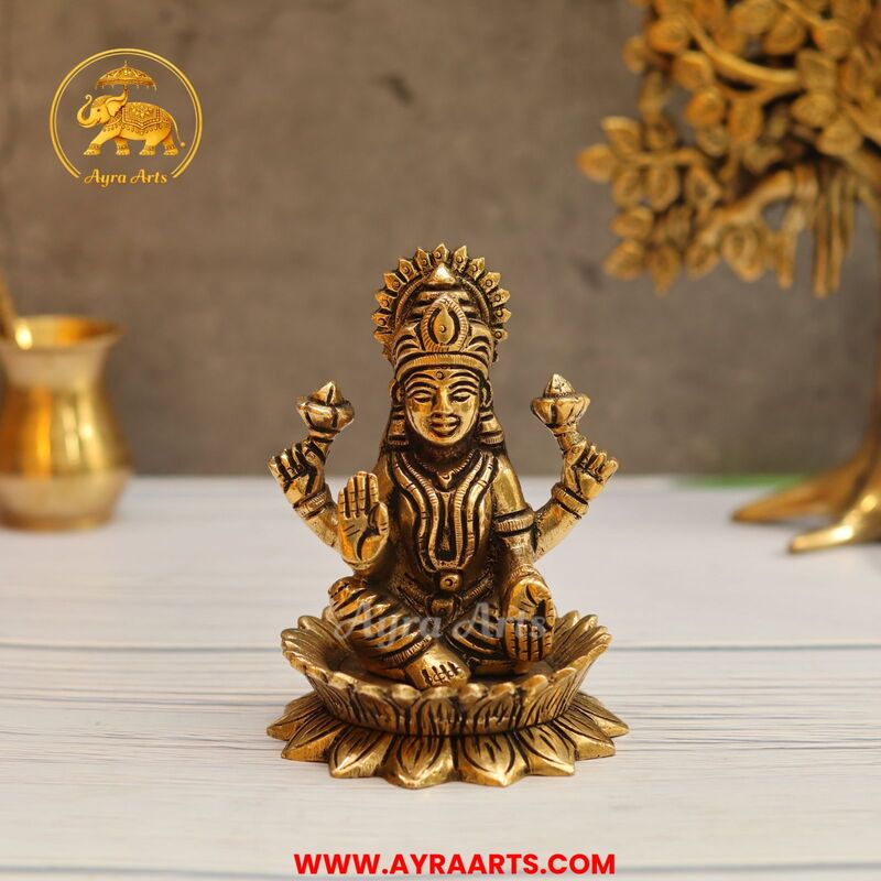 Brass Lakshmi Idol Pooja Room Decor & Good Luck Gift - 4.5 Inch Height