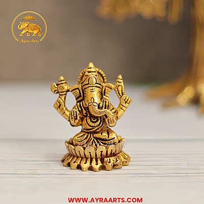 Brass Ganesha Sitting On Lotus Idol - 2.5 Inch Height