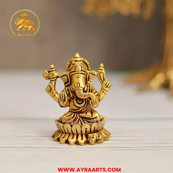 Brass Ganesha Sitting On Lotus Idol - 2.5 Inch Height