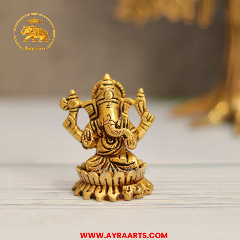 Brass Ganesha Sitting On Lotus Idol - 2.5 Inch Height