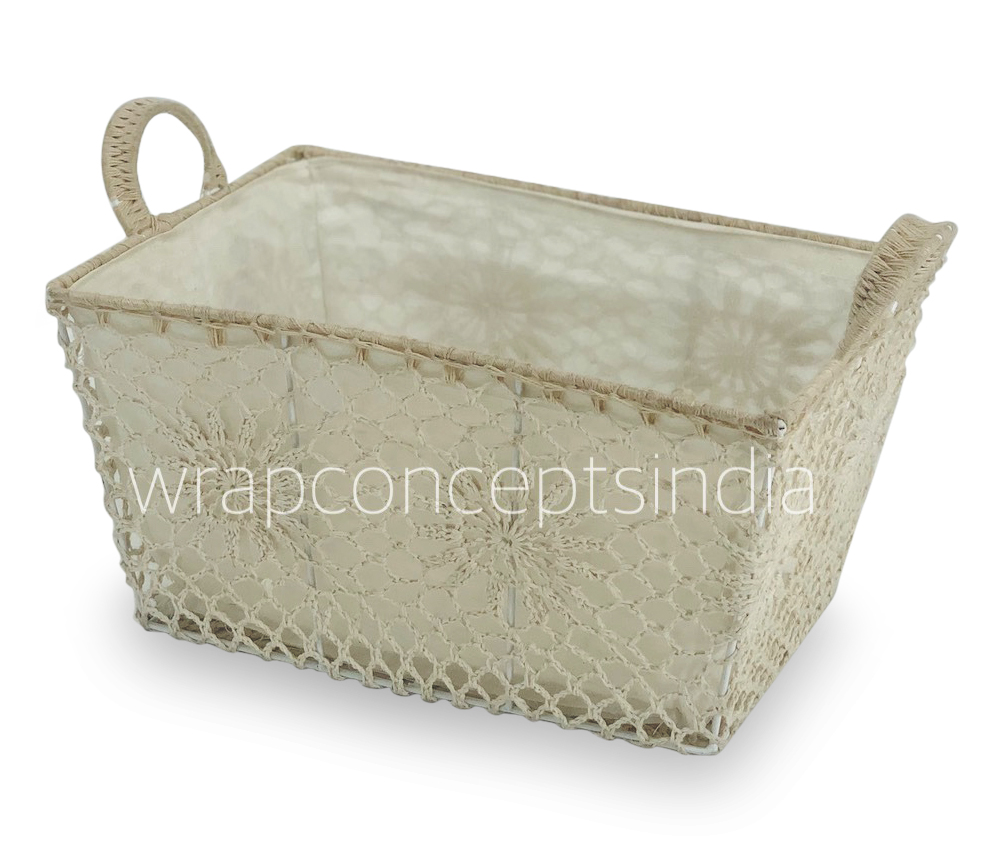 Rectangle Crochet Handwoven Basket with Cloth Lining