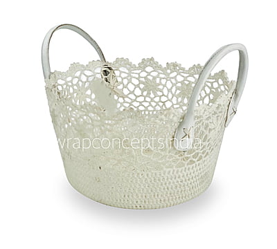 Round Crochet Basket with faux leather handles
