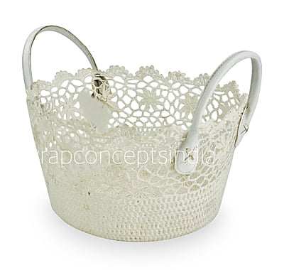 Round Crochet Basket with faux leather handles