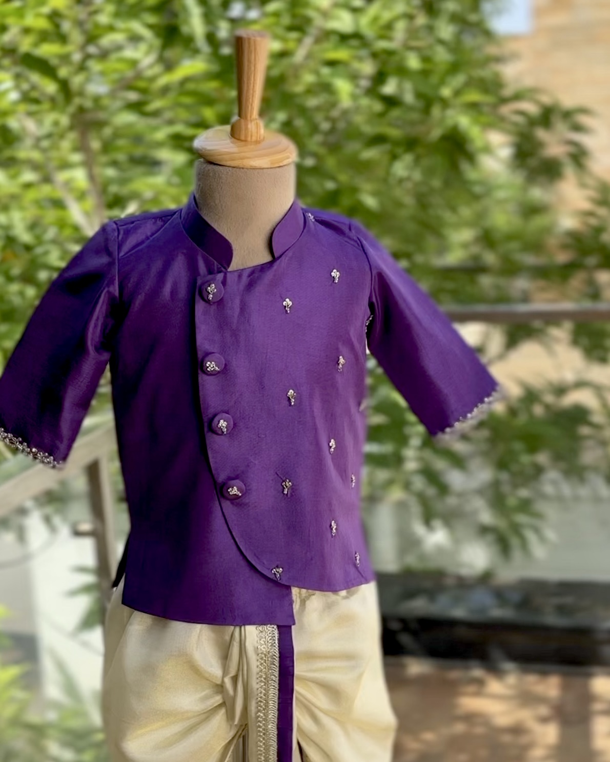 Royal Purple Hand embroidered Tissue Silk Dhoti Set