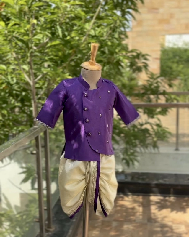 Royal Purple Hand embroidered Tissue Silk Dhoti Set