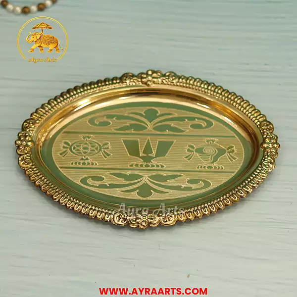 Brass Shank Chakra Namah Engraved Decor Tray Plate - 9 Inch Length