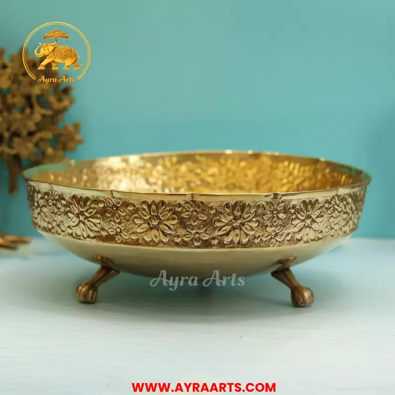 Brass Imperial Glow Bowl Urli With 3 Legs - Size 12