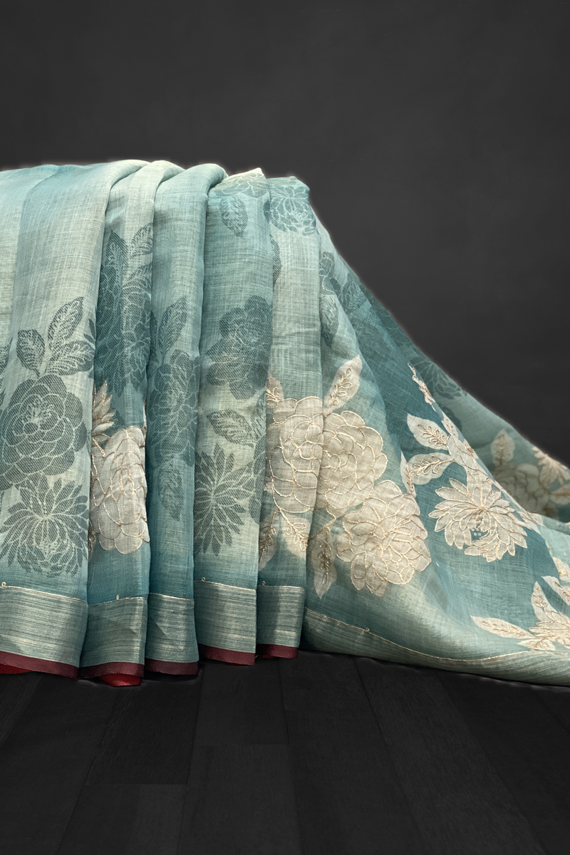 Madavi – The Floral Embroidery Linen Cotton Saree 18515