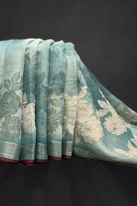 Madavi – The Floral Embroidery Linen Cotton Saree 18515