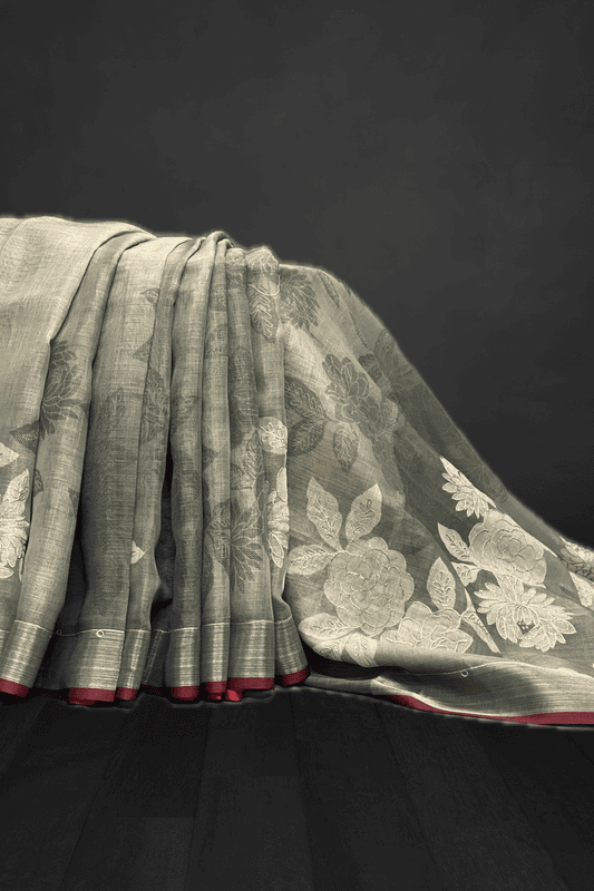 Madavi – The Floral Embroidery Linen Cotton Saree 19225