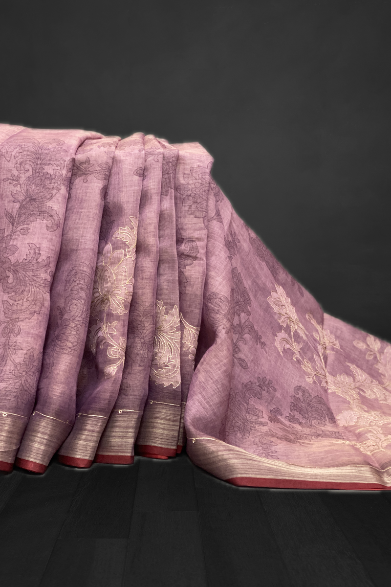 Madavi - The Floral Embroidery Linen Cotton Saree 18500