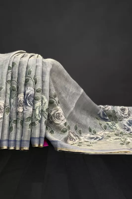 Madavi β The Linen Cotton Saree in Kantha Work 19239