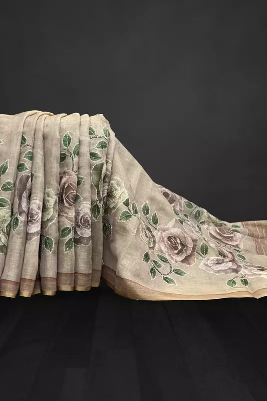 Madavi β The Linen Cotton Saree in Kantha Work 19240