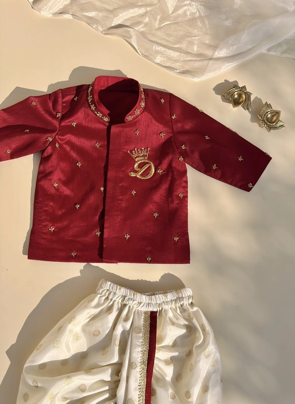 Rusty Red Custom Alphabet Hand Embroidered Silk Dhoti Set