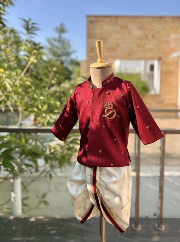 Rusty Red Custom Alphabet Hand Embroidered Silk Dhoti Set