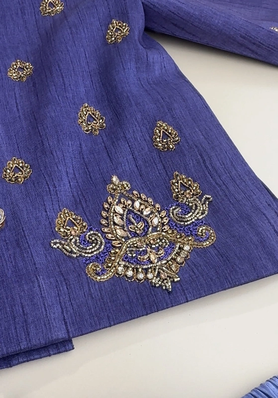 Violet-Blue Motif Hand Embroidered Silk Kurta Dhoti Set
