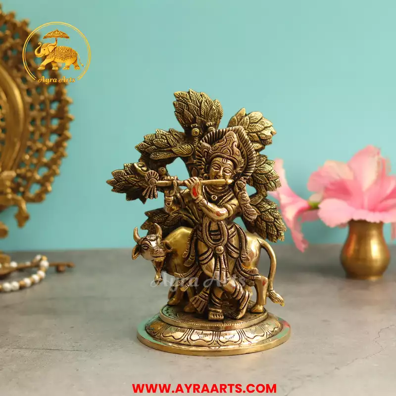 Brass Cow Krishna With Tree - 6.5 Inch Height