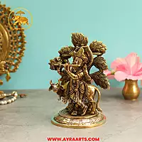 Brass Cow Krishna With Tree - 6.5 Inch Height