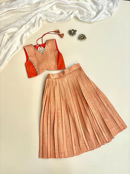 Peach Orange Brocade Silk Skirt Set