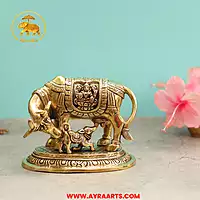 Brass Lakshmi Ganesha Engraved Cow And Calf - 5.5 Inch Height