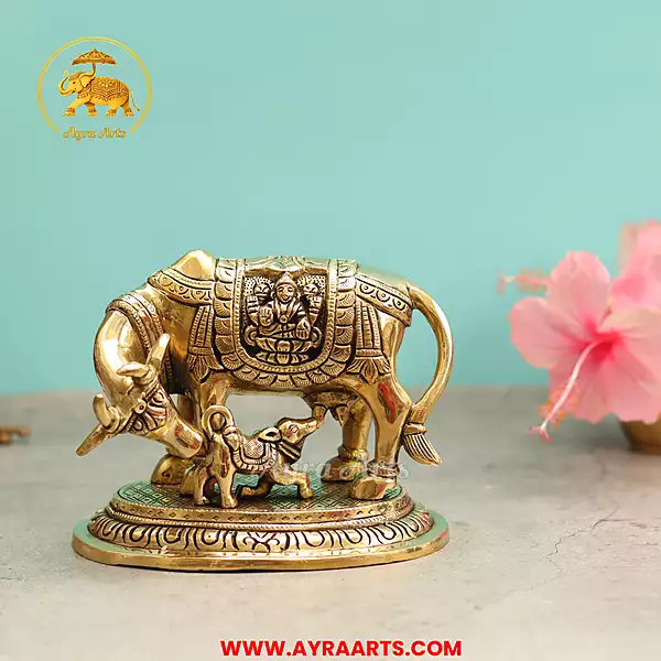 Brass Lakshmi Ganesha Engraved Cow And Calf - 5.5 Inch Height