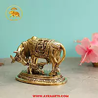 Brass Lakshmi Ganesha Engraved Cow And Calf - 5.5 Inch Height