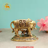 Brass Lakshmi Ganesha Engraved Cow And Calf - 5.5 Inch Height