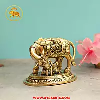 Brass Lakshmi Ganesha Engraved Cow And Calf - 5.5 Inch Height
