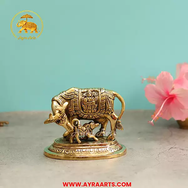 Brass Lakshmi Ganesha Engraved Cow And Calf - 4.5 Inch Height