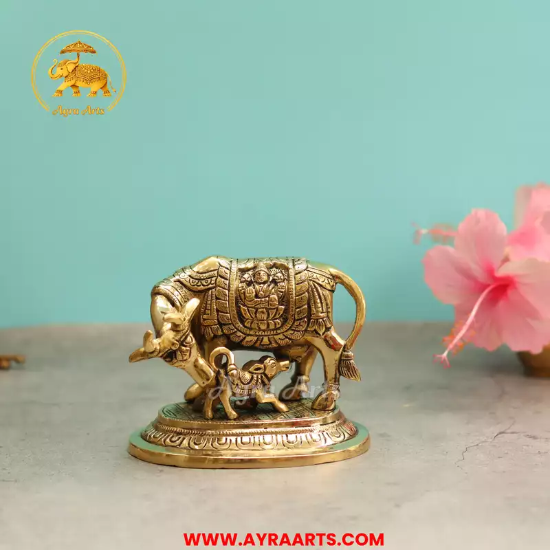 Brass Lakshmi Ganesha Engraved Cow And Calf - 4.5 Inch Height