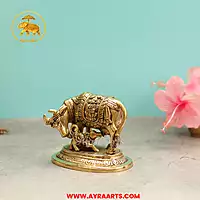 Brass Lakshmi Ganesha Engraved Cow And Calf - 4.5 Inch Height