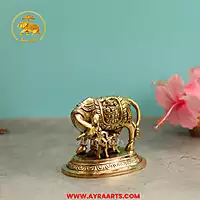 Brass Lakshmi Ganesha Engraved Cow And Calf - 4.5 Inch Height