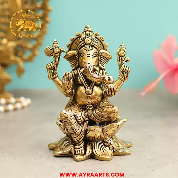 Brass Ganesha Sitting On Lotus - 5.5 Inch Height
