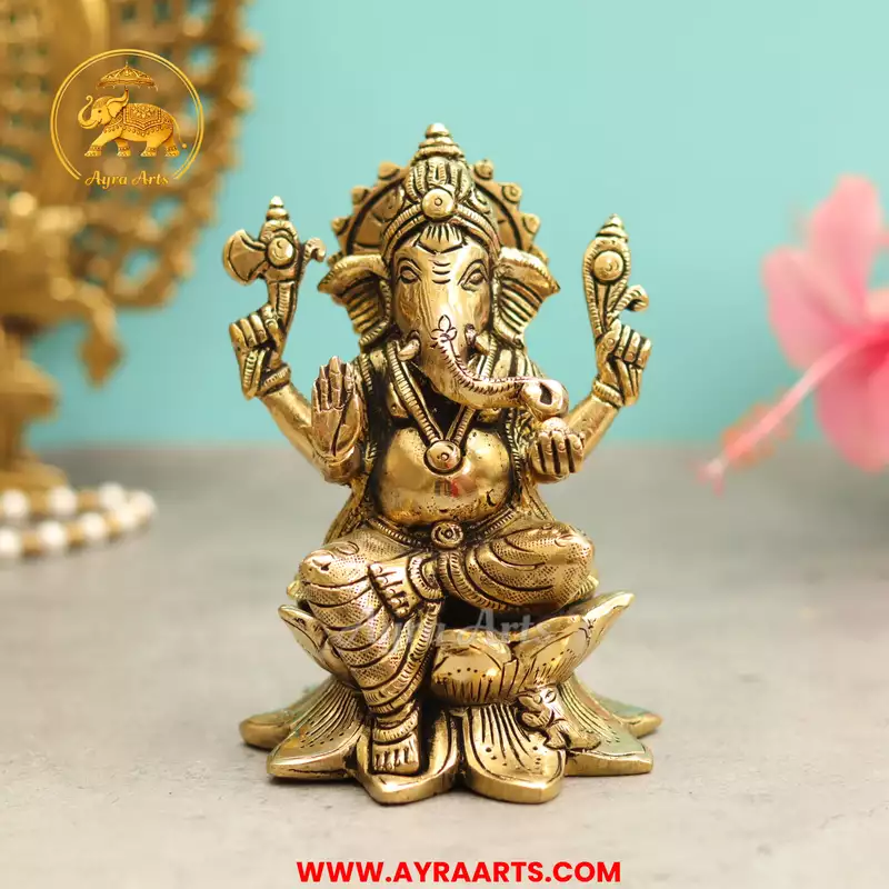 Brass Ganesha Sitting On Lotus - 5.5 Inch Height