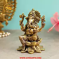 Brass Ganesha Sitting On Lotus - 5.5 Inch Height