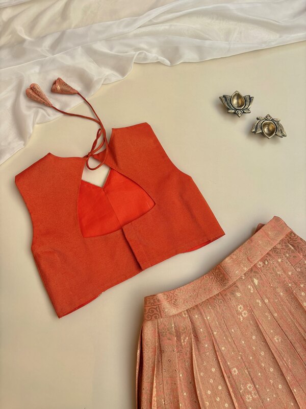 Peach Orange Brocade Silk Skirt Set