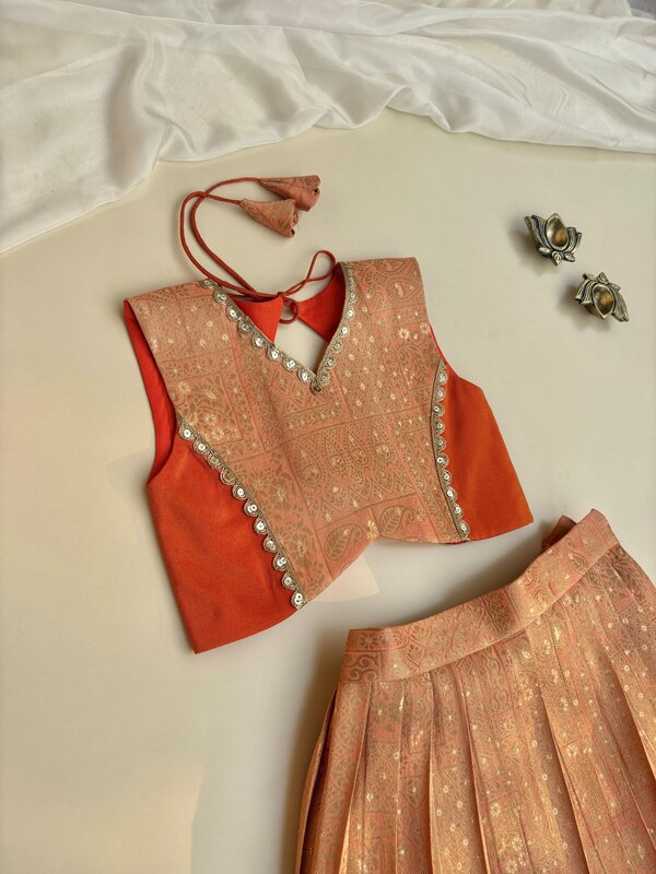 Peach Orange Brocade Silk Skirt Set