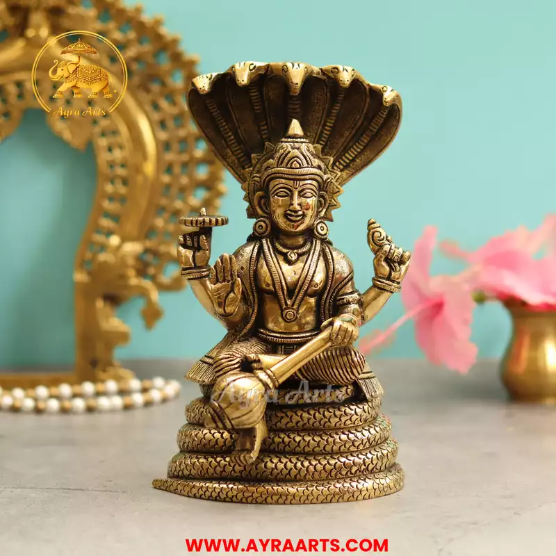 Brass Vishnu Narayana Murti Sitting On Sheshnag - 8.5 Inch Height