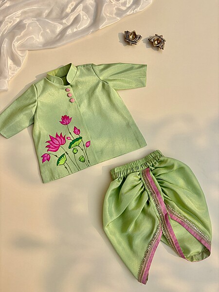 Pista Green Lotus Pichwai Hand-painted Tissue Silk Dhoti set