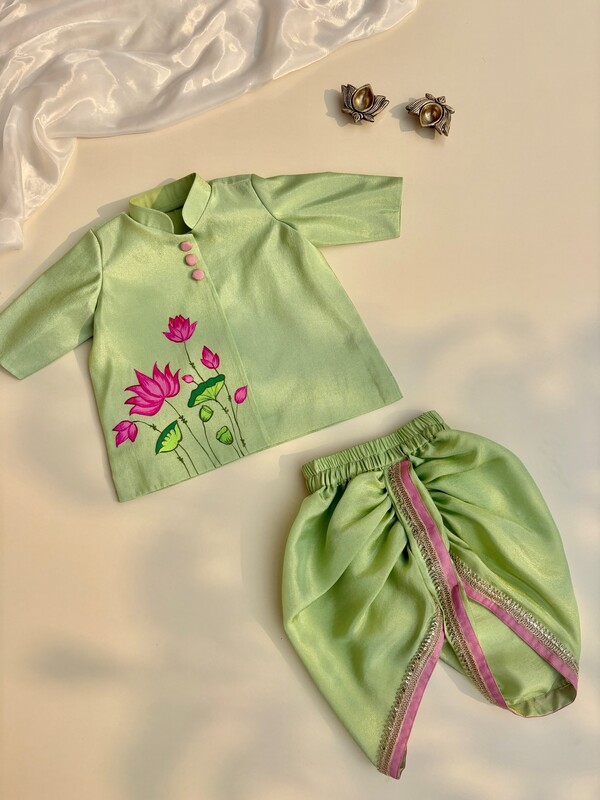 Pista Green Lotus Pichwai Hand-painted Tissue Silk Dhoti set